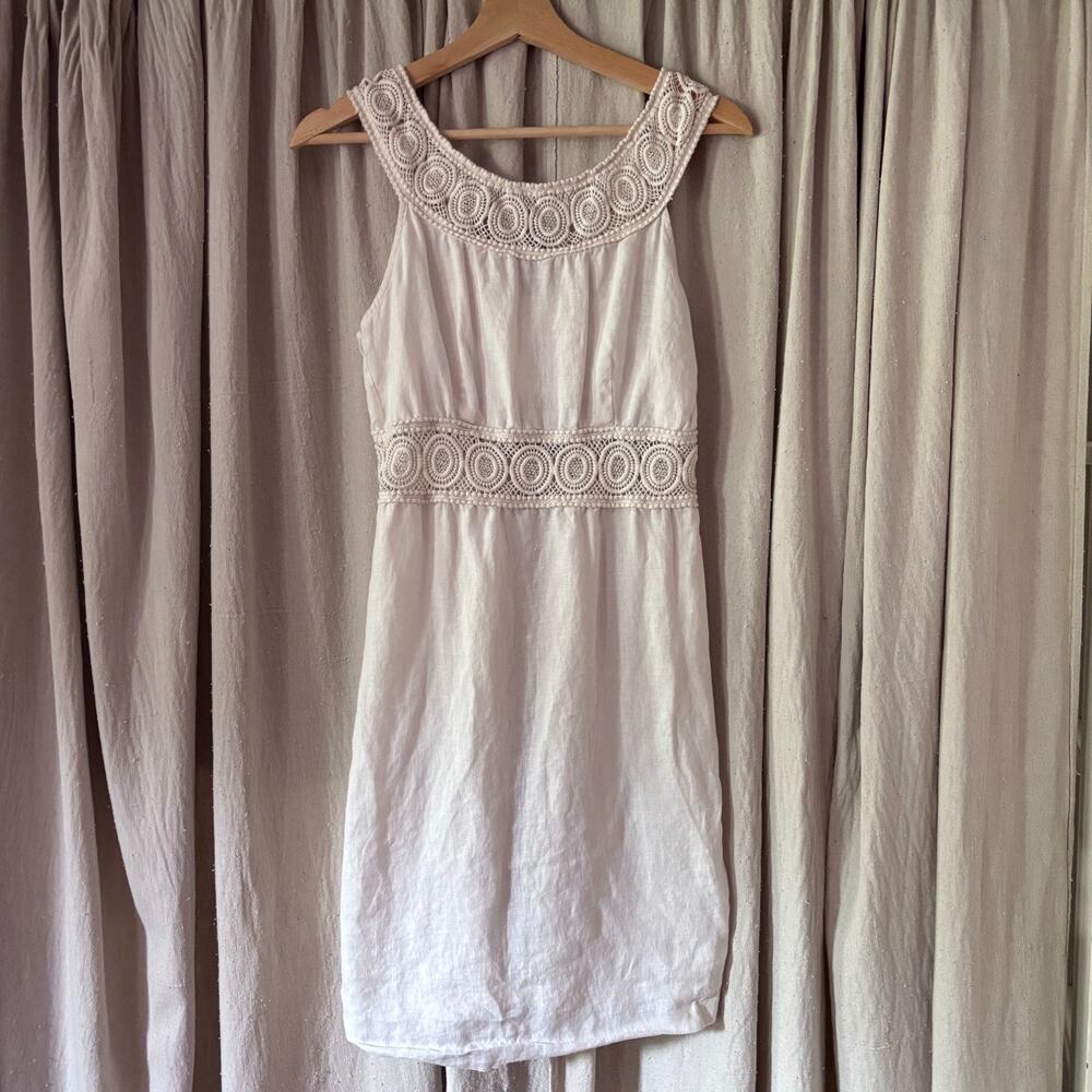 White Linen Blend Boho Western Beach Mini Dress‎ Crochet Trim Lace Neckline XS/S